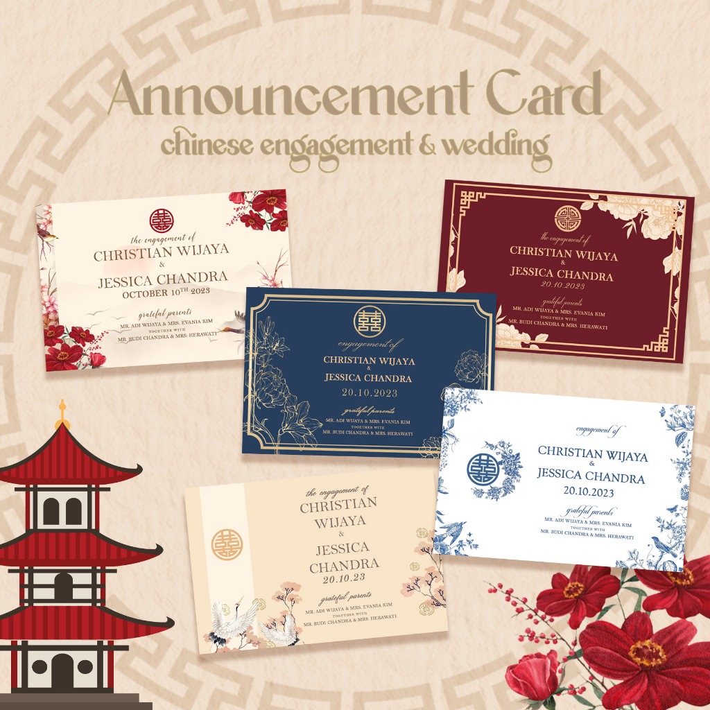 Kartu Ucapan / Undangan Announcement Card Acara Engagement Tingjing Sangjit Chinese Wedding Tunangan