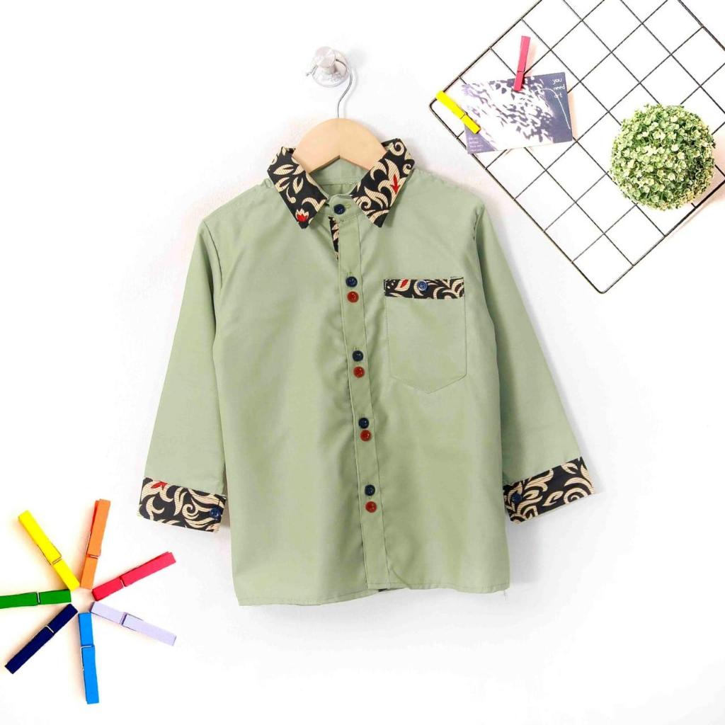 Kemeja Hem Pakaian Atasan Anak Laki-Laki Kombinasi Batik Riko Kids Lengan Panjang Foto Asli