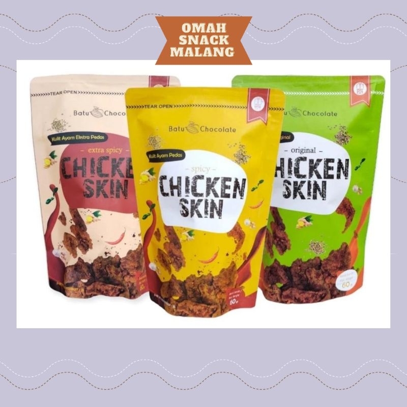 

SNACK KERIPIK KULIT AYAM CHICKEN SKIN ORIGINAL PEDAS EXTRAPEDAS SPICY 60 GRAM CAMILAN MALANG