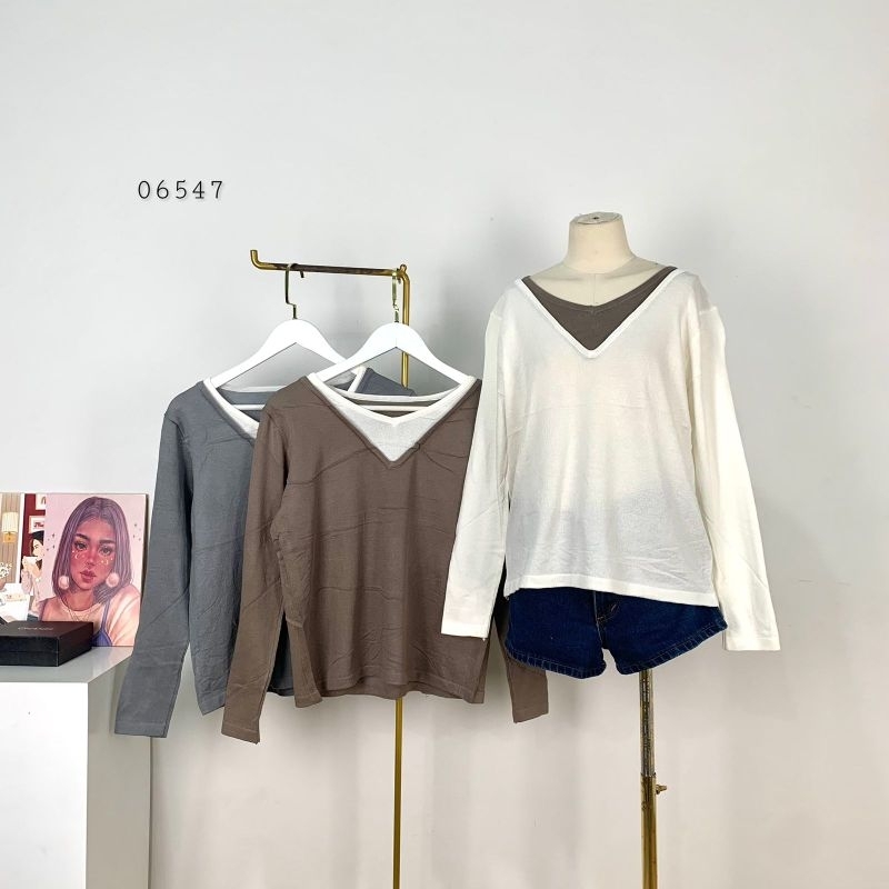 06547 Atasan Blouse Wanita Leher V Variasi Premium/Blouse Rajut Polos Variasi List Putih Bagian Kera