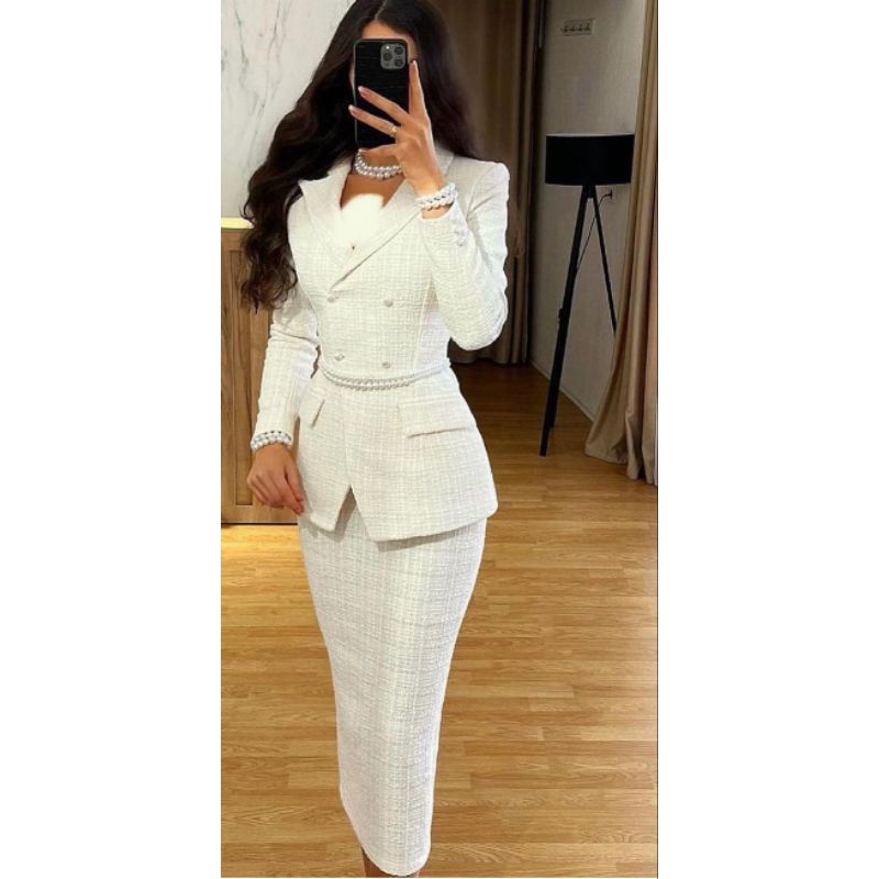 rosaline white tweed set top+midi skirt