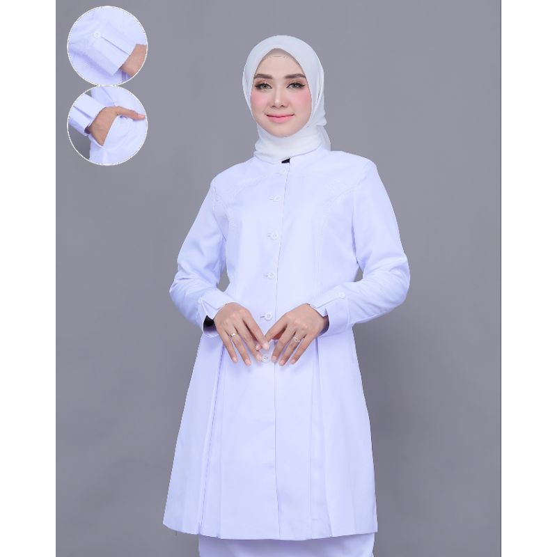 SERAGAM TUNIK PUTIH BELAH ATASAN PUTIH / SET ROK A PTH  / SET CELANA PTH  / SET ROK  SPAN PTH BAHAN 
