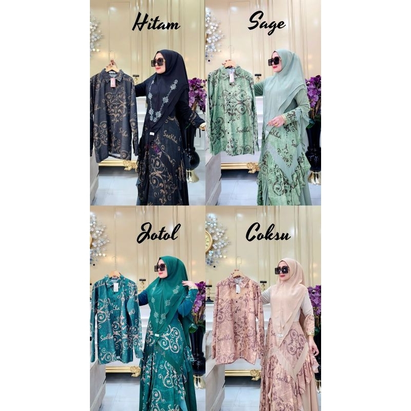 Gamis Labinka Syar'i Set Khimar Jumbo Motif Garis Lingkar lingkar Ceruty Printing