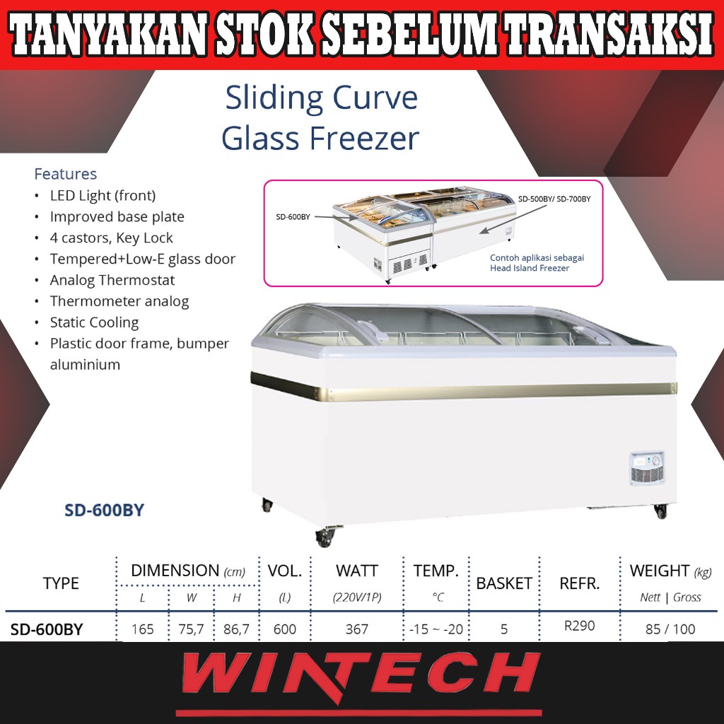 Gea SD-600BY Sliding Curve Glass Freezer - Freezer Box Kaca Geser Kapasitas 600 L - Freezer Kaca Cem