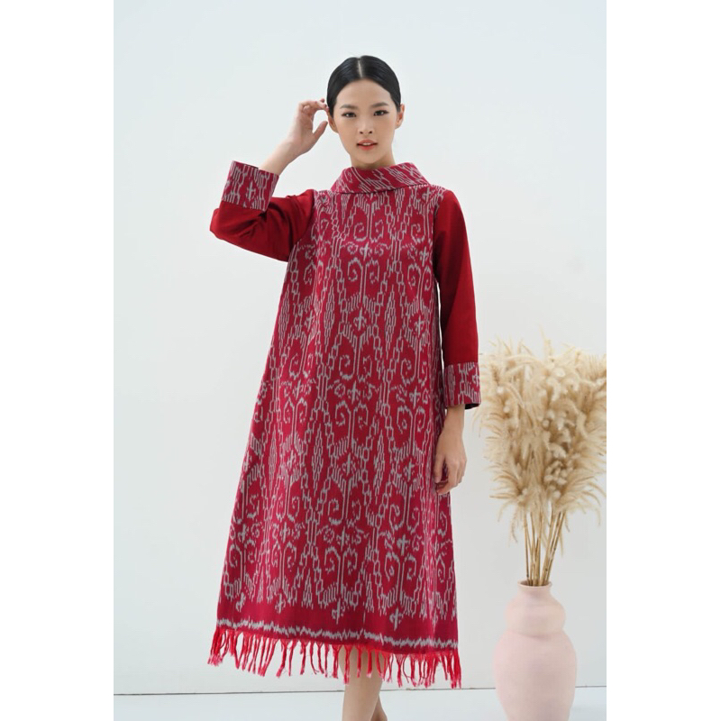 TENUN_GAYA Dress tenun wanita motif Mentawai merah baju tenun jepara fashion wanita Dress jumbo Dres