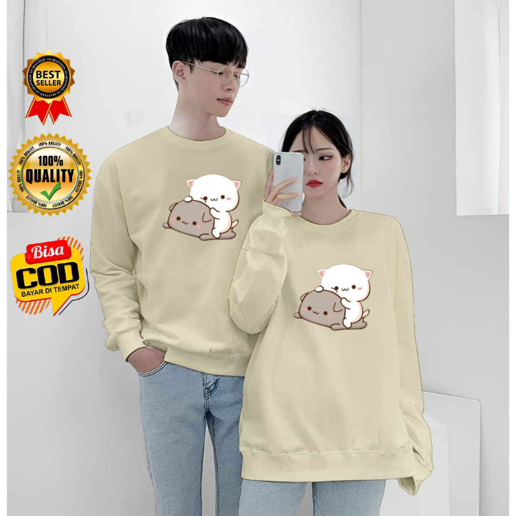 Baju Kaos Couple Pasangan Pacar CUTE CAT / Lengan Panjang Couple Distro Model Sweater / Baju Kapelan