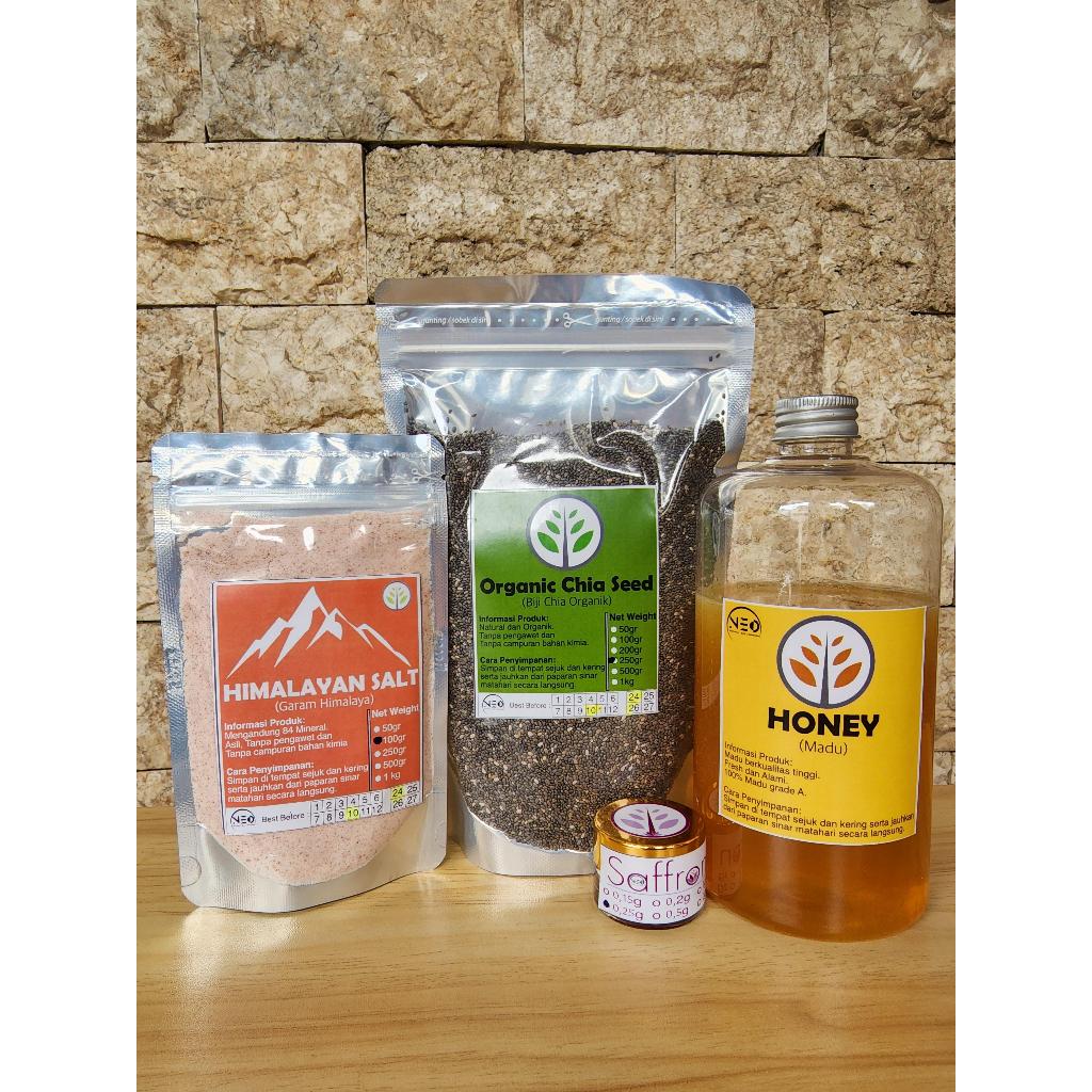 

Paket Anti Aslamm (Organik Chia Seed+Saffron+ Garam Himalaya+ Madu Cair) asam honey Syrup Gula