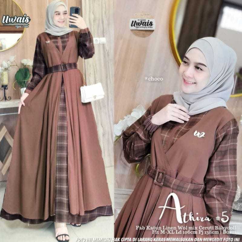 GAMIS ATHIRA MAXY MOTIF KOTAK-KOTAK CERUTY BABYDOLL COMBINASI COTTON PREMIUM FREE BELT TALI PINGGANG