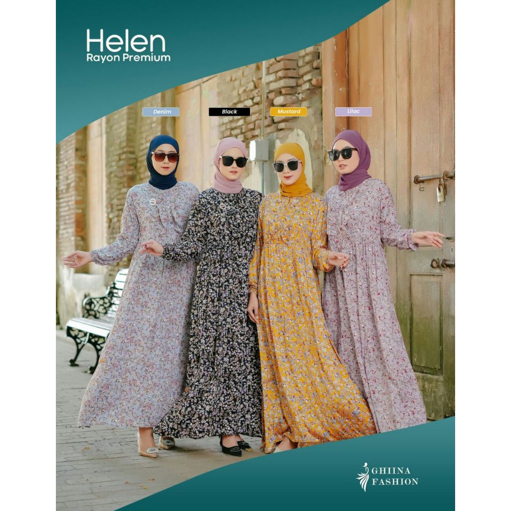 Dress Ghina Fashion Terbaru Helen Dress Rayon Premium Motif Bunga Hijab Yessana Terbaru Ejamas Store