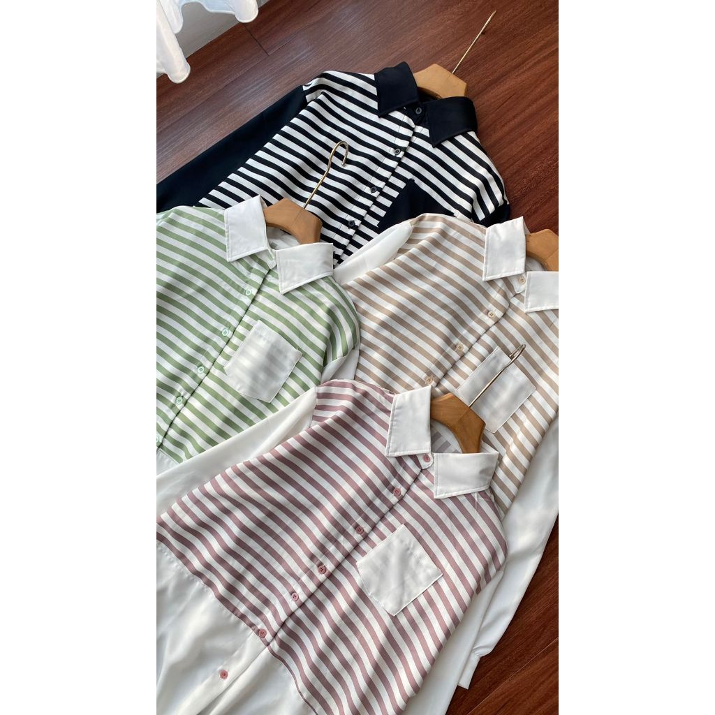 Kemeja Shakila Stripe Combi Shirt Premium Quality - Kemeja Wanita