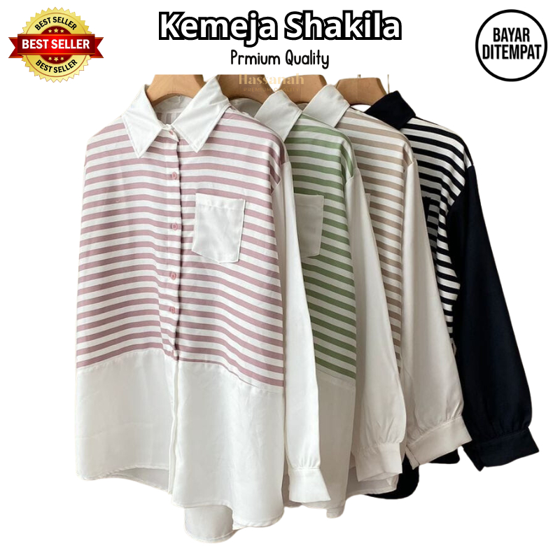 Kemeja Shakila Stripe Combi Shirt Premium Quality - Kemeja Wanita