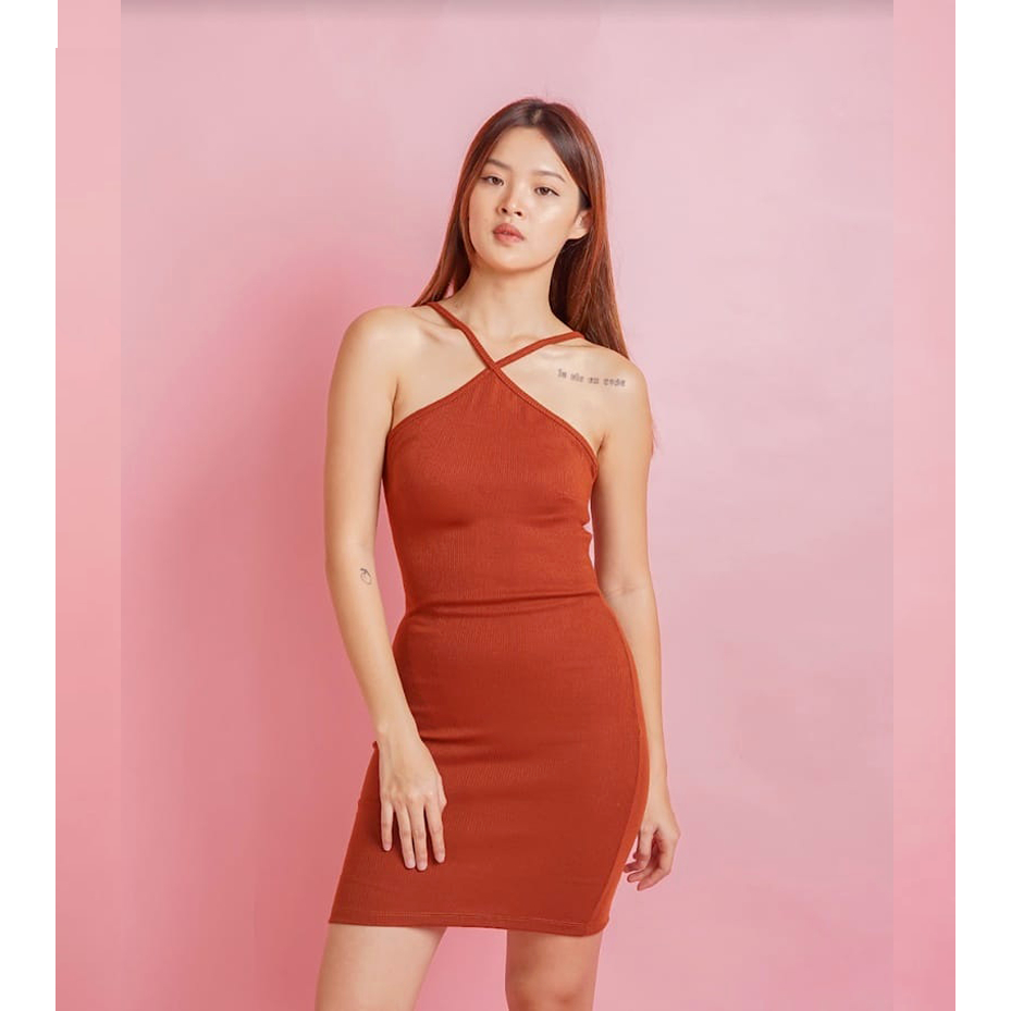 CUCI GUDANG GAUN TALI SILANG SIMPLE MOTIF POLOS ELEGAN WANITA