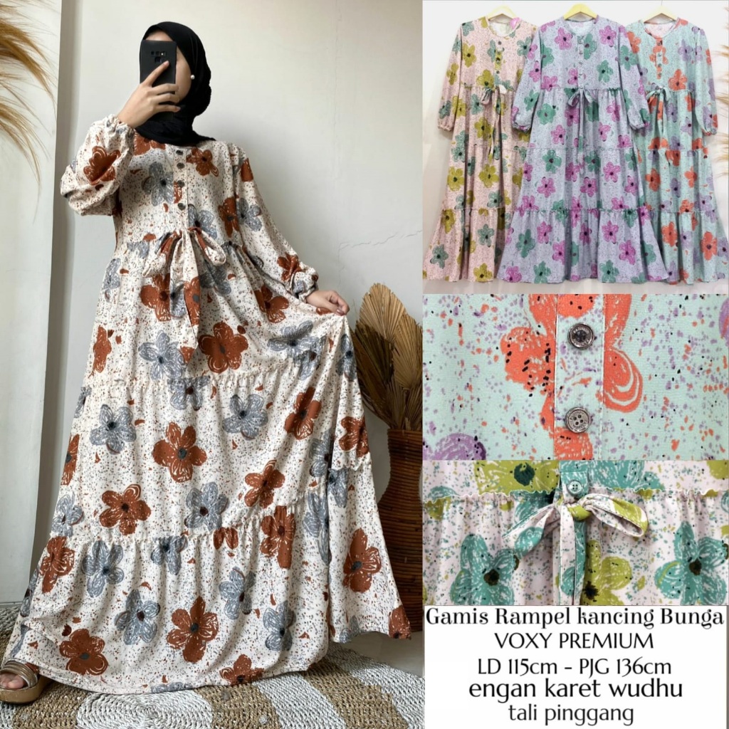 Gamis Jumbo Model Rampel Ada Kancing Motif Bunga Besar Dengan Lengan Karet Bisa Untuk Wudhu LD 115-1