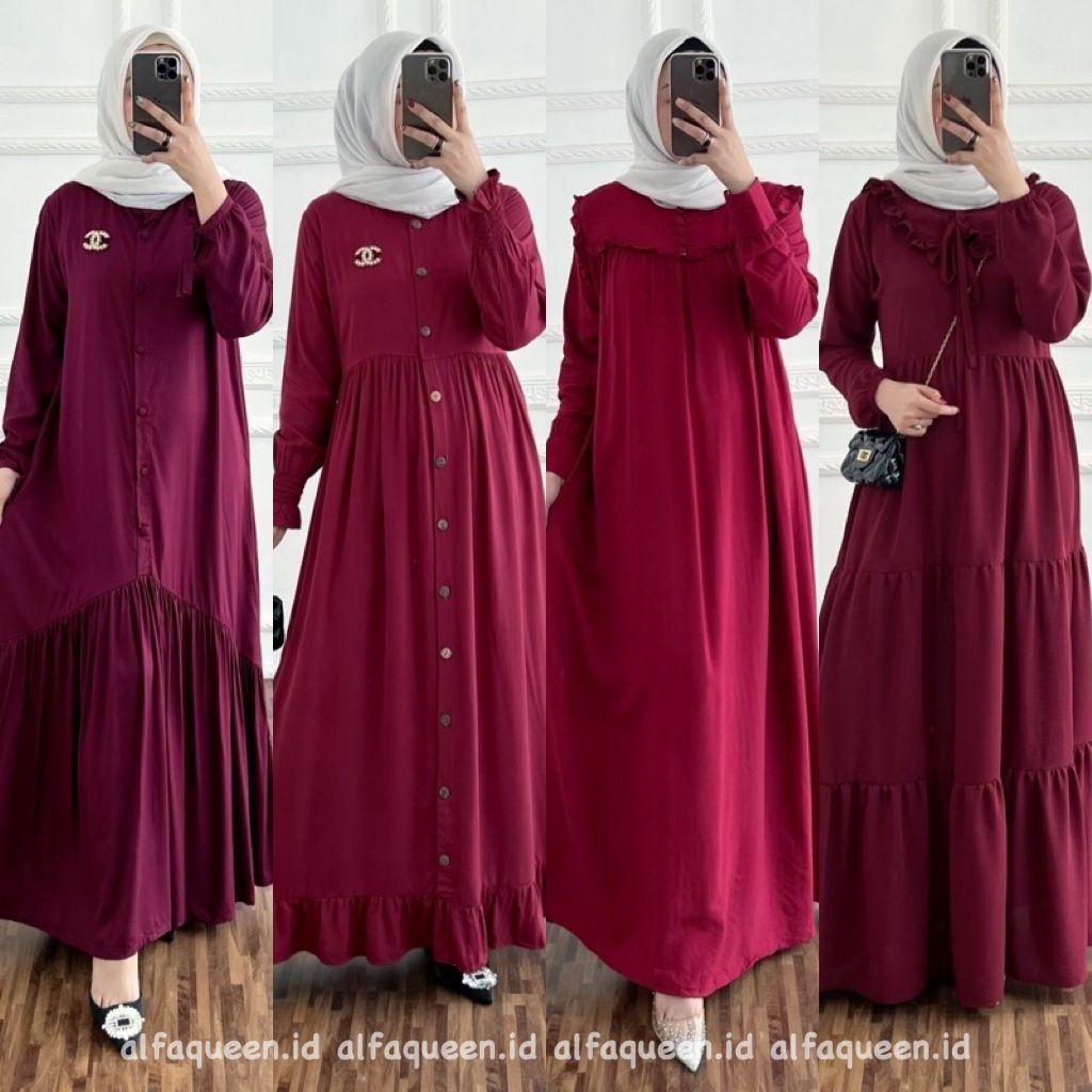 Dress / Gamis Edisi Maroon Polos | Cotton Katun Toyobo Santorini Rayon Viscose Twill Crinkle Airflow