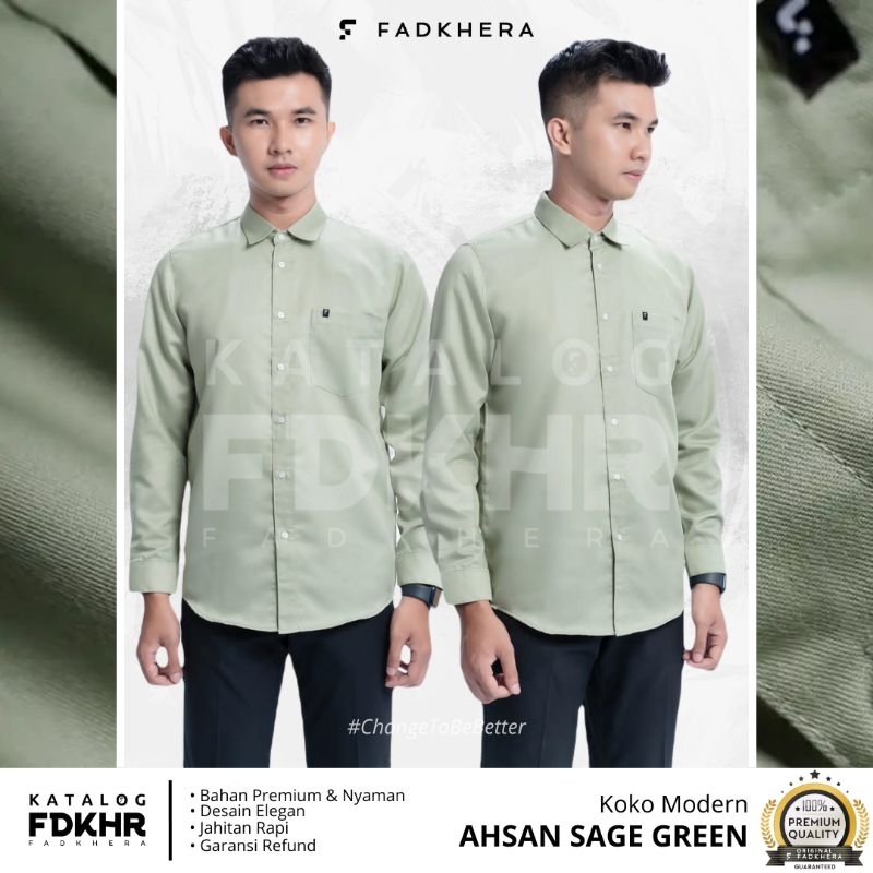 Baju Koko Fadkhera AHSAN SAGE GREEN kemeja koko modern baju koko pria kemeja basic hijau sage