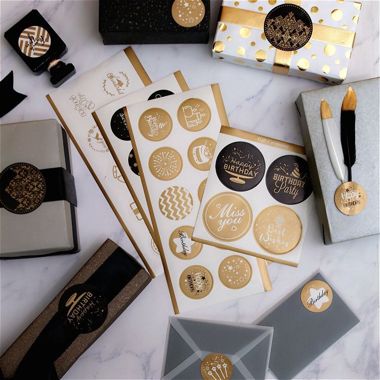 

Sticker label birthday ulang tahun bulat gold black sticker greetings