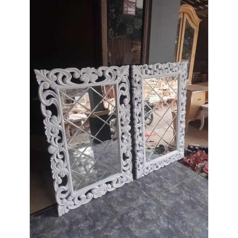 pigura kaca cermin silang bevel ukiran