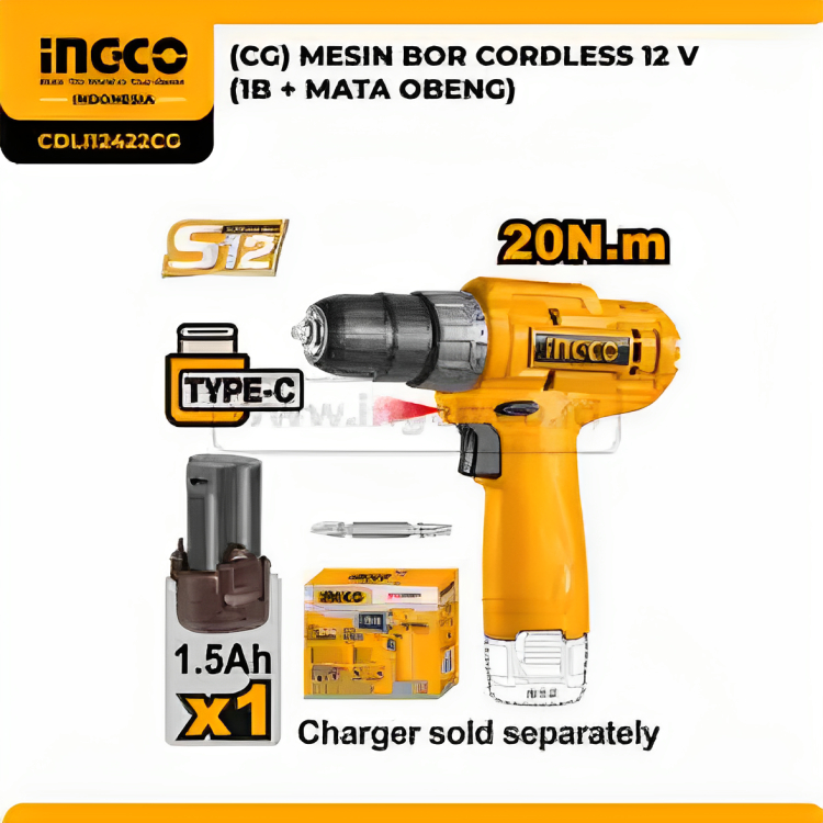 Cordless Drill 12V INGCO CDLI12422CG Mesin Bor Baterai Besi Kayu S12