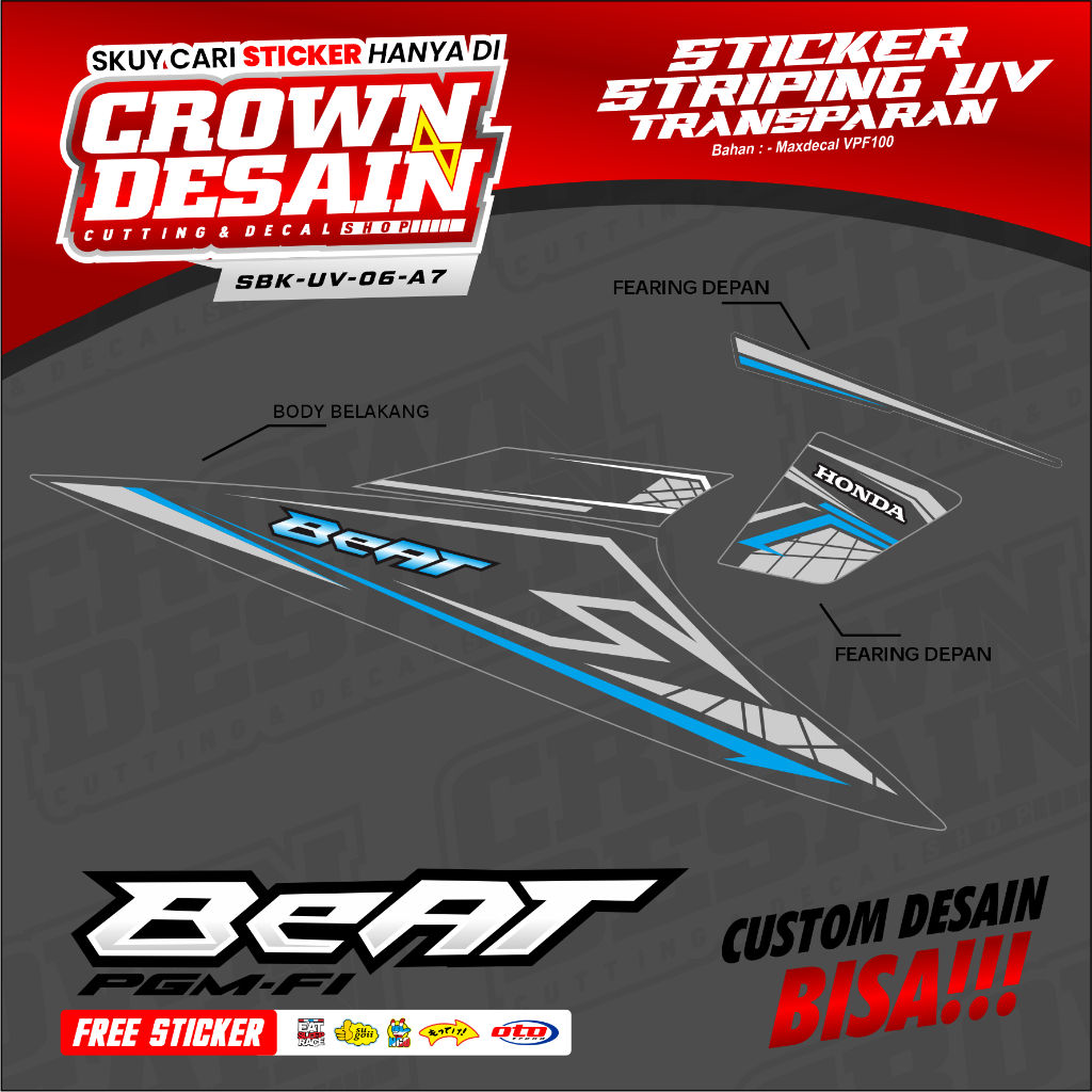 Striping Transparan Beat Karbu Desain Simpel Lis Biru - Stiker Striping Beat Karbu Custom Desain - S