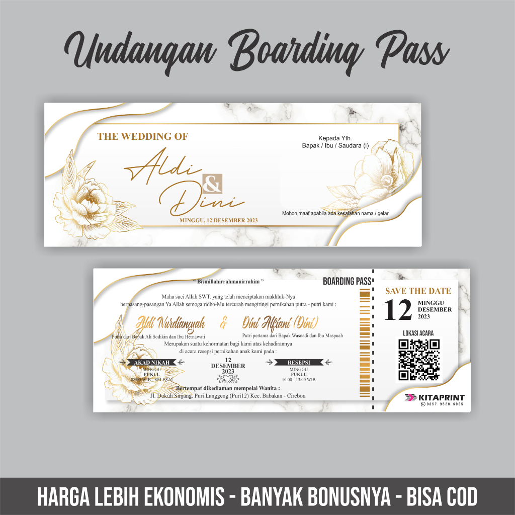 Undangan Pernikahan Satu Muka Bolak Balik Tema Boarding Pass, Unik, Elegan, Murah, Kertas Tebal dan 
