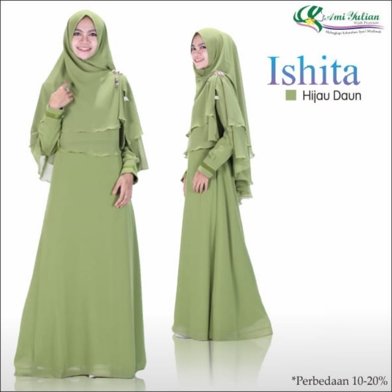 Baju Gamis set Khimar Polos Ishita Dress jilbab ORI Ami yulian