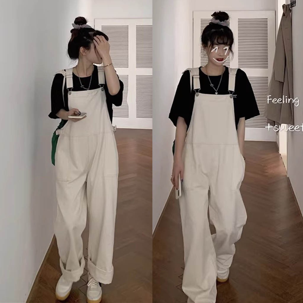 korea style retro celana jumpsuit jeans wanita high waist loose hitam gelap jumpsuit jeans putih  ba