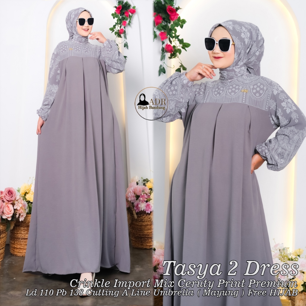 Gamis News Tasya 2 Dress FREE PASHMINA Gamis Crinkle Import Mix Ceruty Print Premium Free Pashmina B