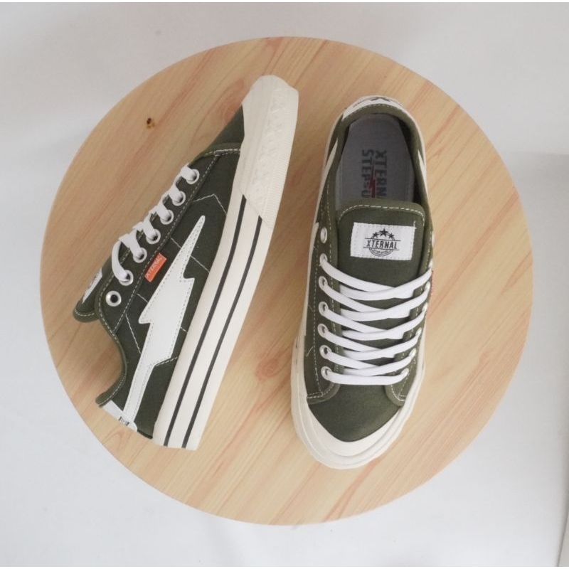 Sepatu XternalStepSure - Sepatu Sneakers Mitterns Storm Low Army White Kasual Original