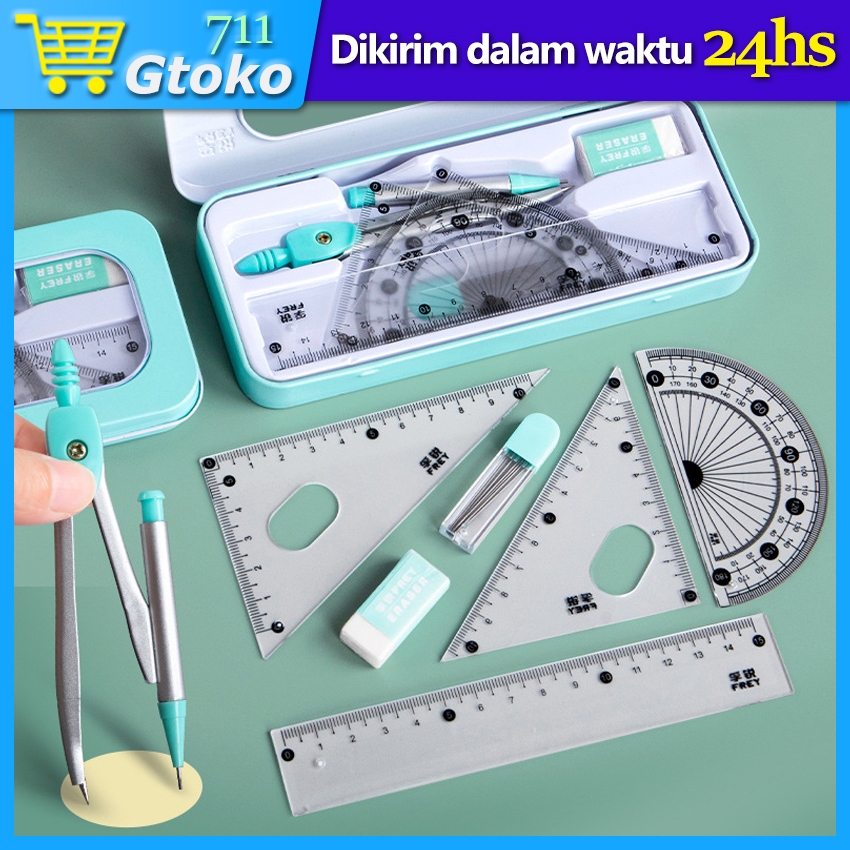 

7Pcs/Set Jangka Penggaris Busur Compass Math Sekolah Penghapus Eraser Ruler