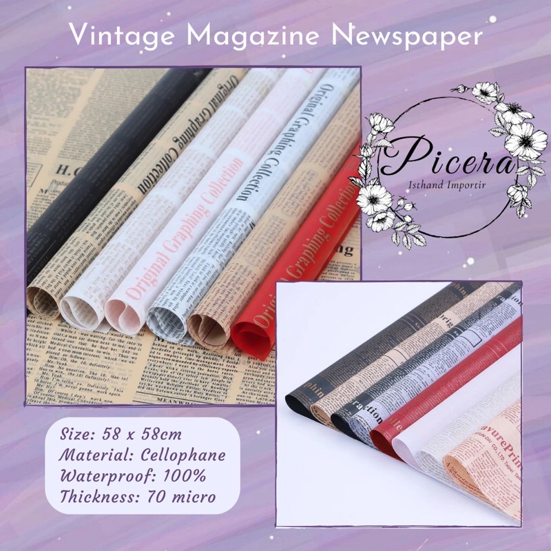 

Flower Wrapping Paper Vintage Newspaper MagazineKraft Gold Cellophane Waterproof Kertas Bungkus Pembungkus Bouquet Bucket Bunga Motif Koran Majalah Emas Anti Air