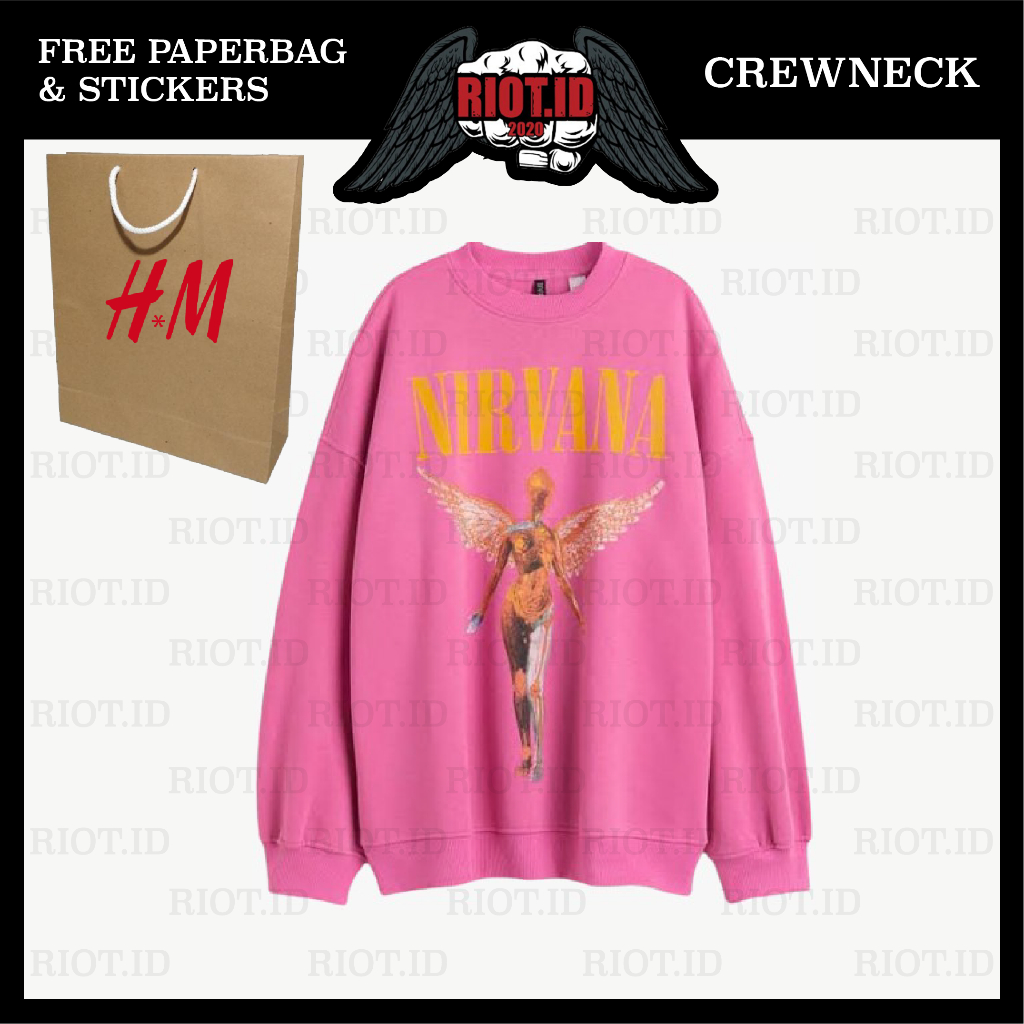 Terlaris (3.3) Crewneck Sweater Hm Nirvana Smile Pink Free Paper Bag Full Tag Jaket Hoodie Perempuan