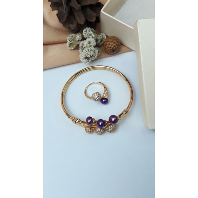 Set gelang dan cincin rhodium mutiara air tawar asli warna ungu | Mutiqra Lombok Asli