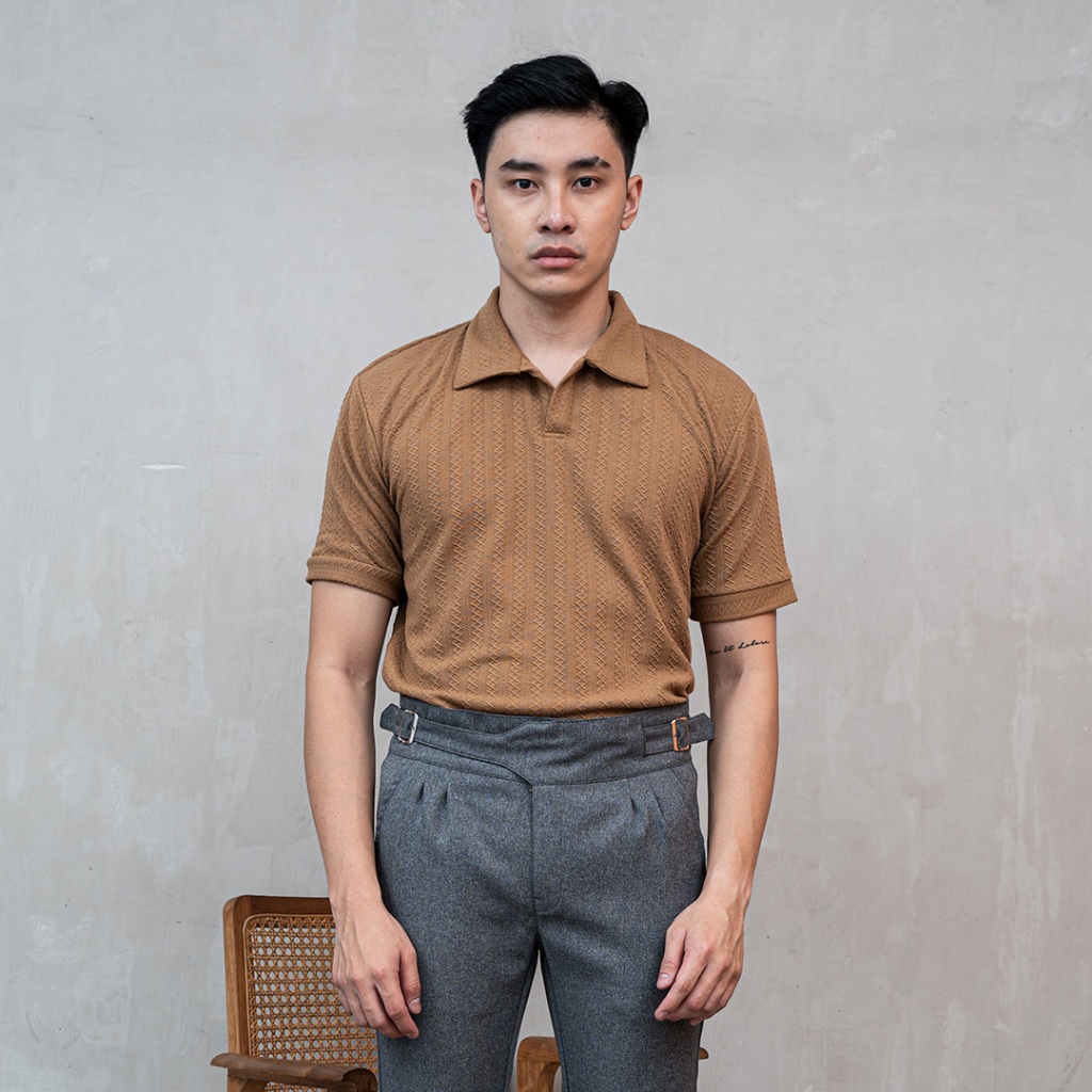 Houseofcuff Polo Shirt Rajut Stretch Lengan Pendek Pria Coklat Muda