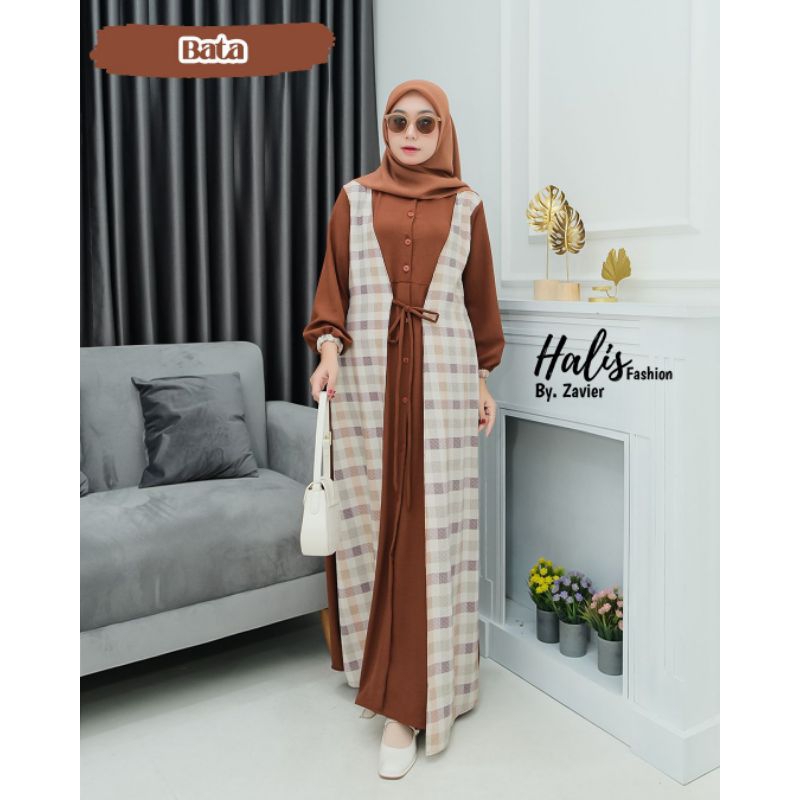Gamis set Blezer Nyatu Motif Kotak Gamis Rompi Model Terbaru Kekinian Gamis Set Outer Gamis Crinkle 