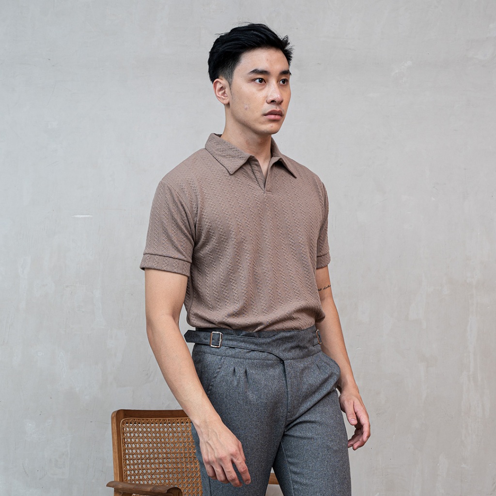 Houseofcuff Polo Shirt Rajut Stretch Lengan Pendek Pria Coklat Susu