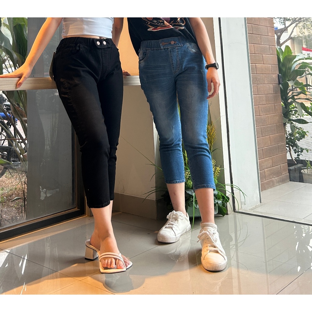 CELANA JEANS PENSIL 7/9 POLOS PINGGANG KARET | CELANA 7/9 WANITA