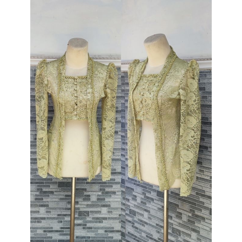 kebaya brokat cantik mix mutiara Hijau sage
