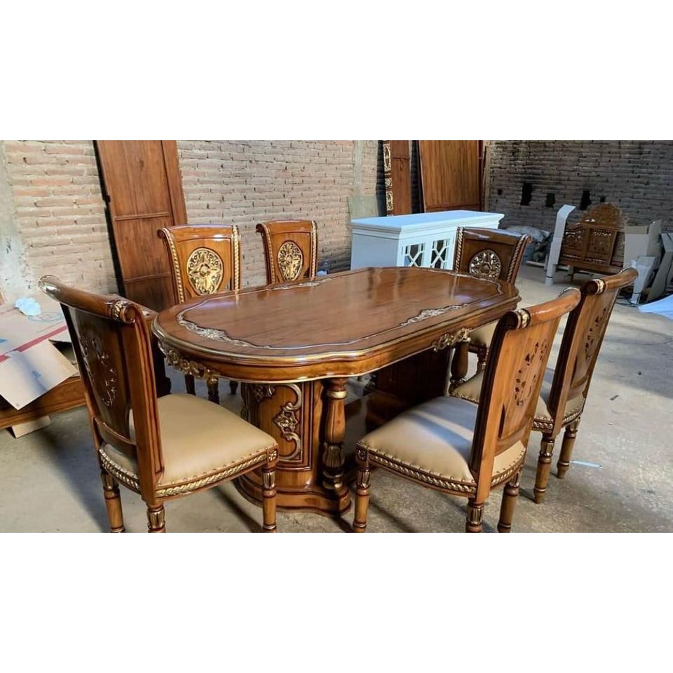 gratis kaca meja  makan oval kayu jati set 6kursi jok model salina