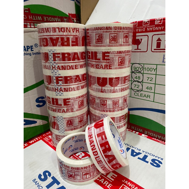 

Lakban Fragile 90 Yard BC x 48mm – Tape Fragile Shopee | Merah/Putih | Star Tape Per Pcs