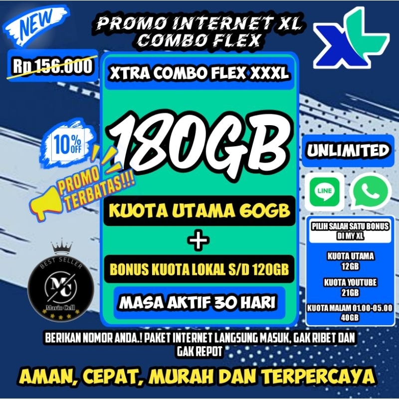 PROMO INTERNET XL - XTRA COMBO FLEX 60GB + KUOTA LOKAL HINGGA 120GB MASA AKTIF 30 HARI