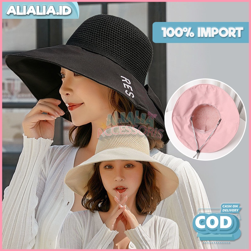 Topi Bucket Hat Pantai Wanita Style Korea Setengah Rajut Bordir RES Aksen Pita Lucu Pelindung Anti U