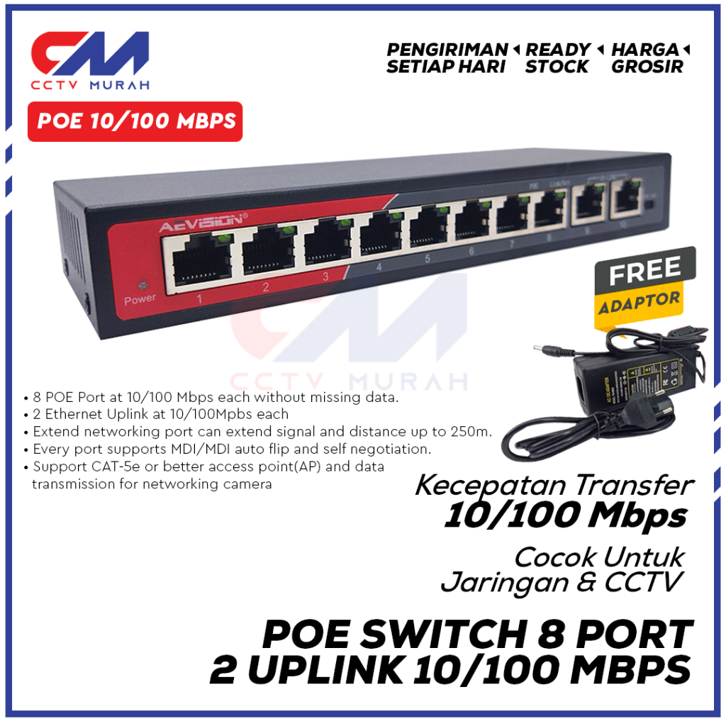 POE Switch HUB Aevision POE 8+2 PORT POE SWITCH 8 PORT II Full Speed , Adaptor Eksternal Garansi 1
