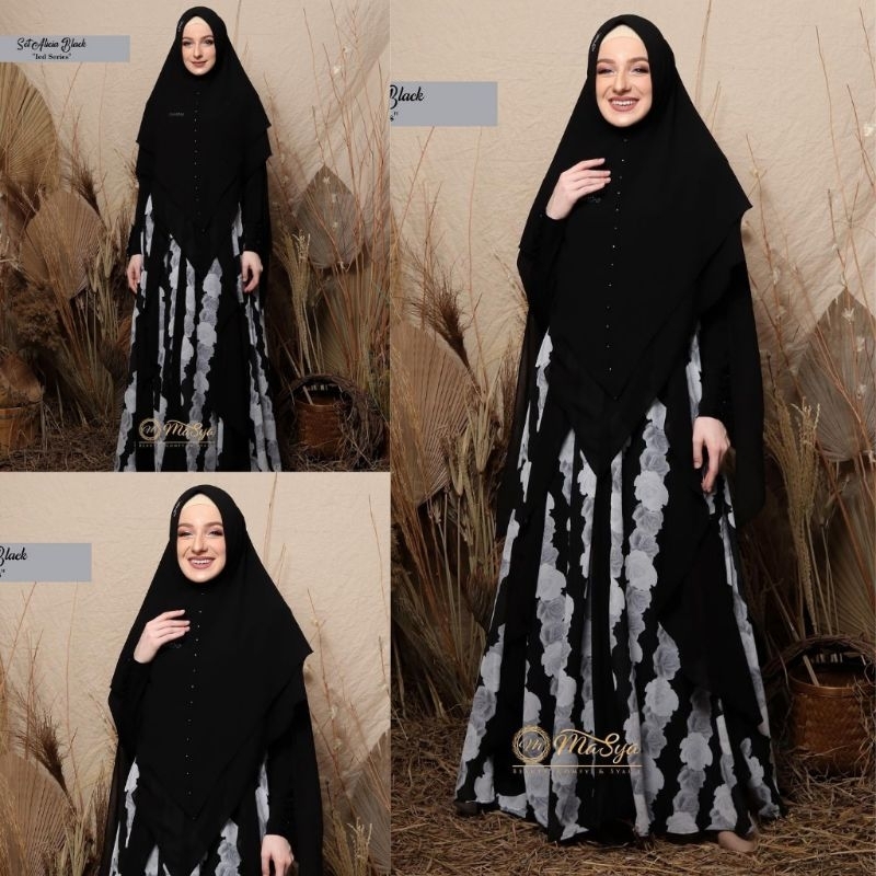 Set Gamis Dress Ceruty Babydoll Syari Branded Prinitng Black White - Hitam Putih - Abu Mewah Masya S