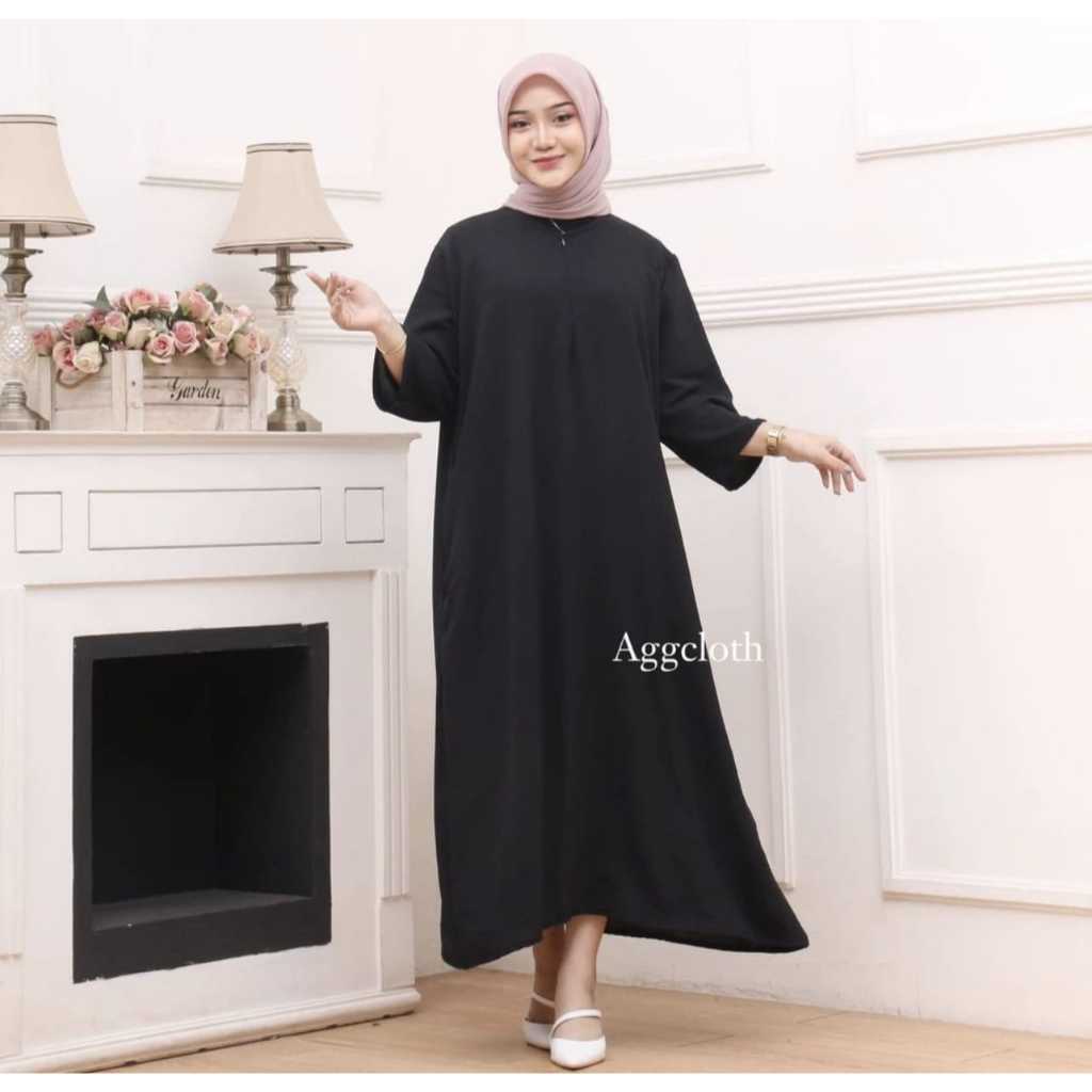 Daster Gamis Crinkle Polos Hitam Kekinian Lengan Tangan 3/4 Panjang Semata Kaki Home Dress Kekinian 