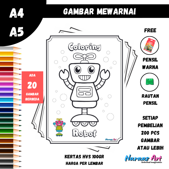 RO01 Gambar Mewarnai Anak TK SD PAUD Seri Robot Kertas HVS 100gr Bukan Buku Mewarnai Robot