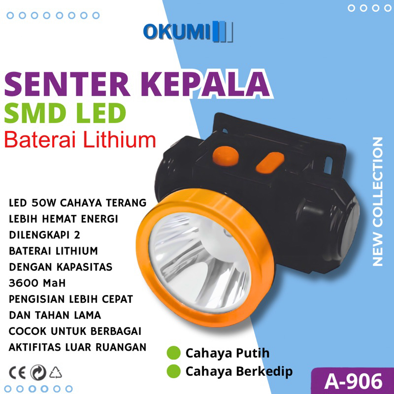 Senter Kepala LED 50 Watt Super Terang  AXLO A-906 Headlamp Outdor Baterai Lithium Cahaya Putih dan 