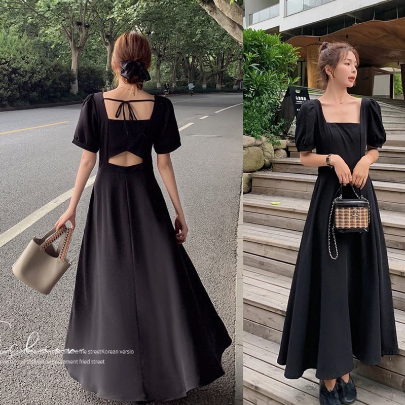 D25 Dress panjang lengan pendek square neck backless / long dress A line / maxi dress hitam