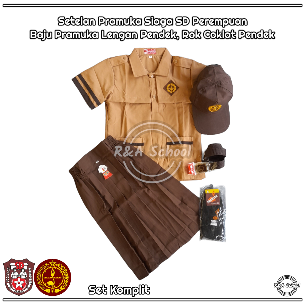 Setelan Seragam Pramuka Siaga SD Perempuan Baju Pramuka Siaga Lengan Pendek Rok Coklat Pendek