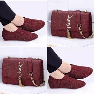 paket sepatu dan tas selempang gliter wanita / sepatu dan tas selempang