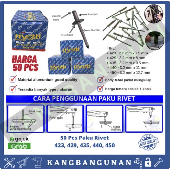 50 Pcs Paku Rivet 423, 429, 435, 440, 450 Blind Rivet Tembak sip Punya